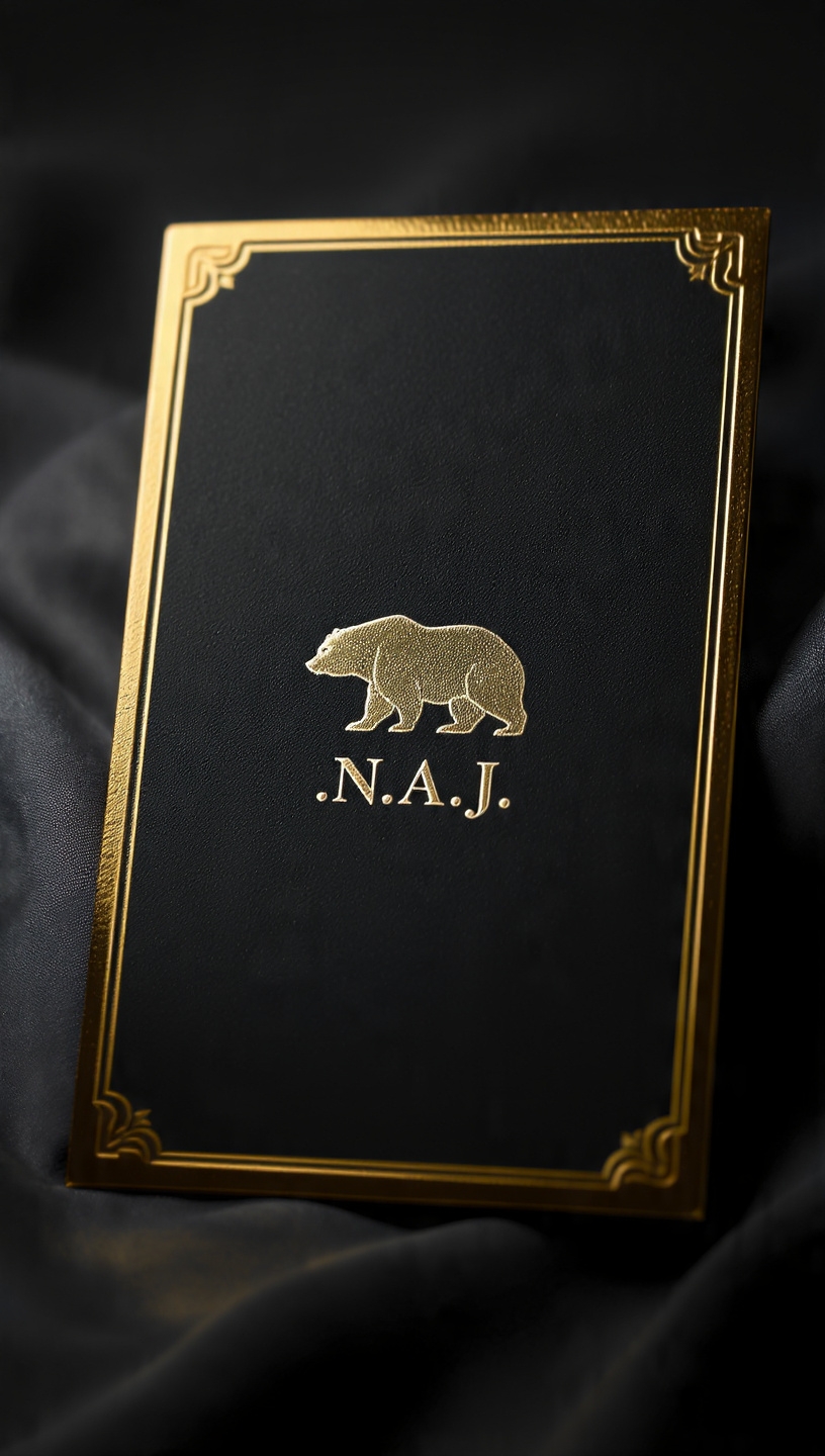 Black card framed in gold with a walking gold bear above the monogram N.A.J.