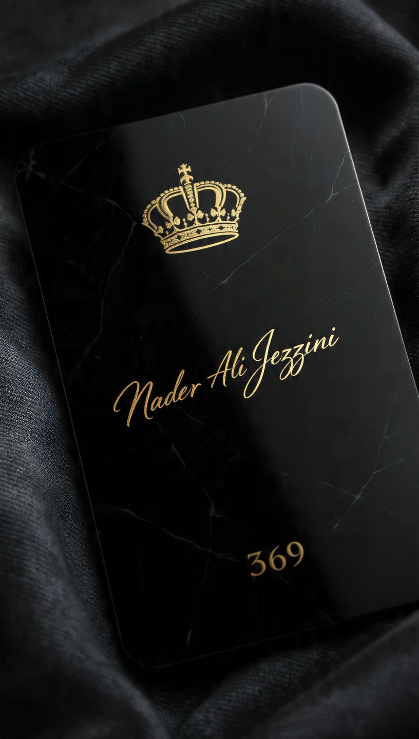 Black marble card with a gold crown, the signature Nader Ali Jezzini and the number 369.