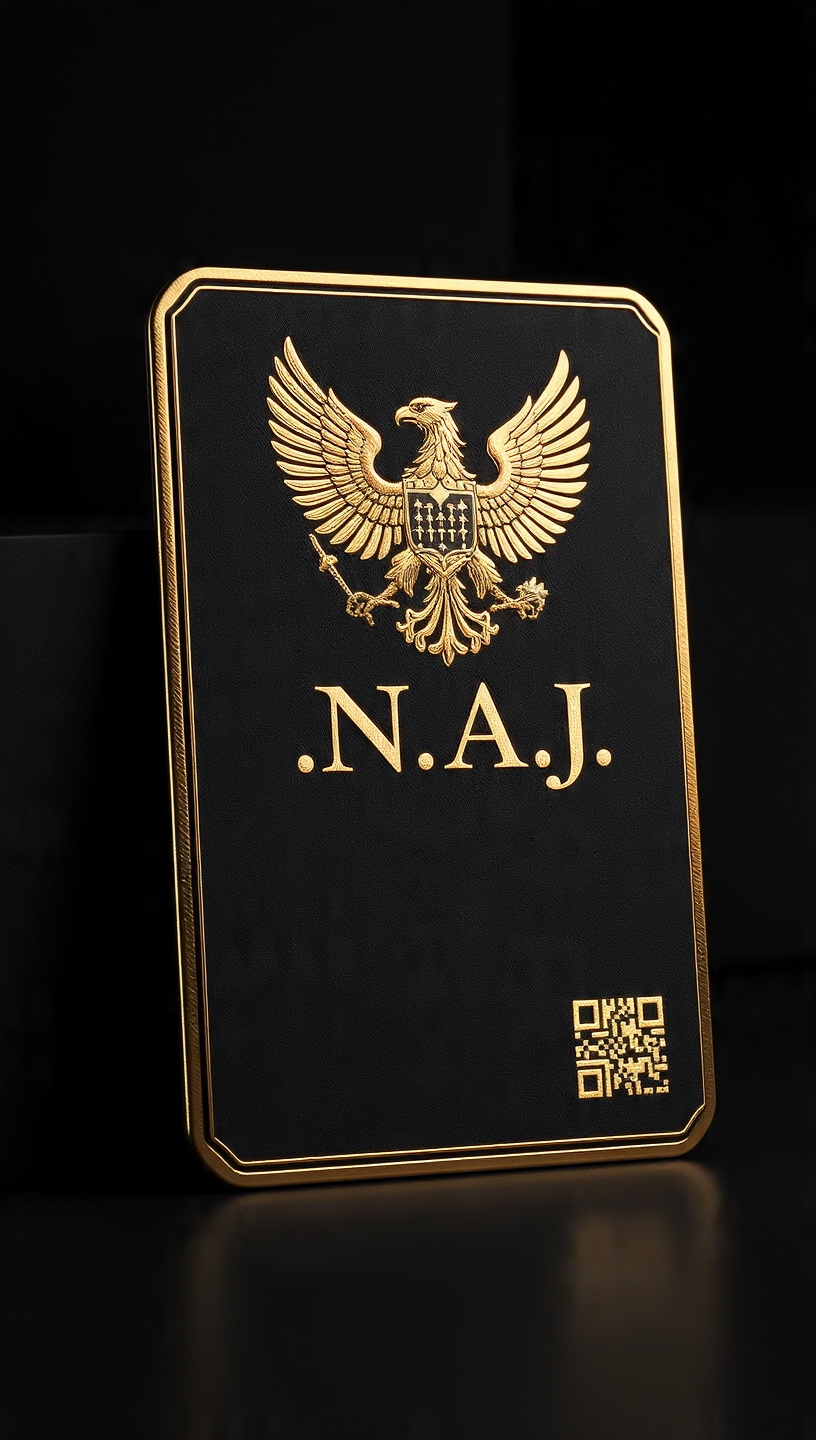 Black and gold plaque with a gold eagle, the monogram N.A.J. and a QR code.