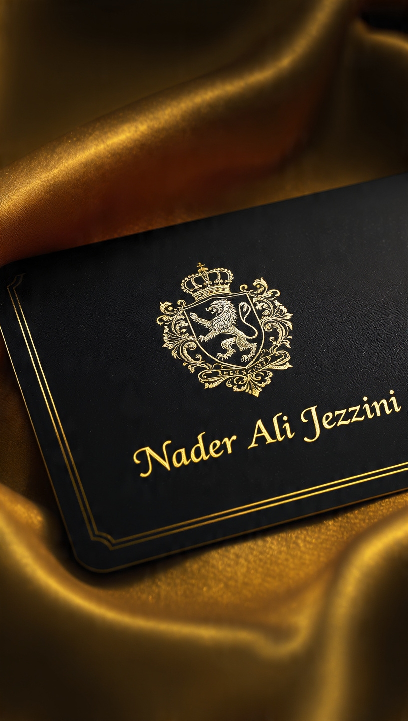 Black card with a gold heraldic lion crest and the name Nader Ali Jezzini.